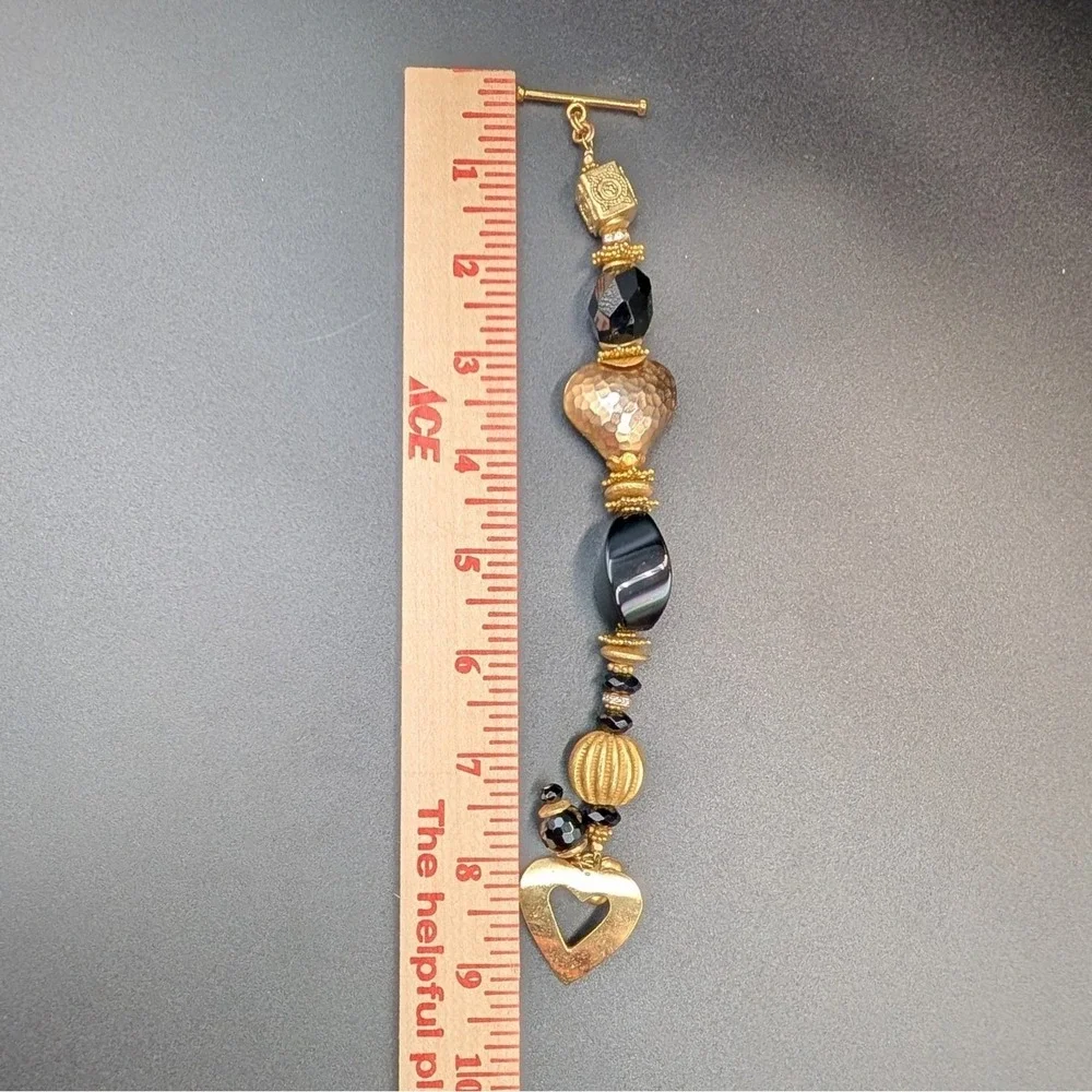 Vintage Gold‎ Heart Dangle Brooch Black Beads Elegant Statement Pin 7in